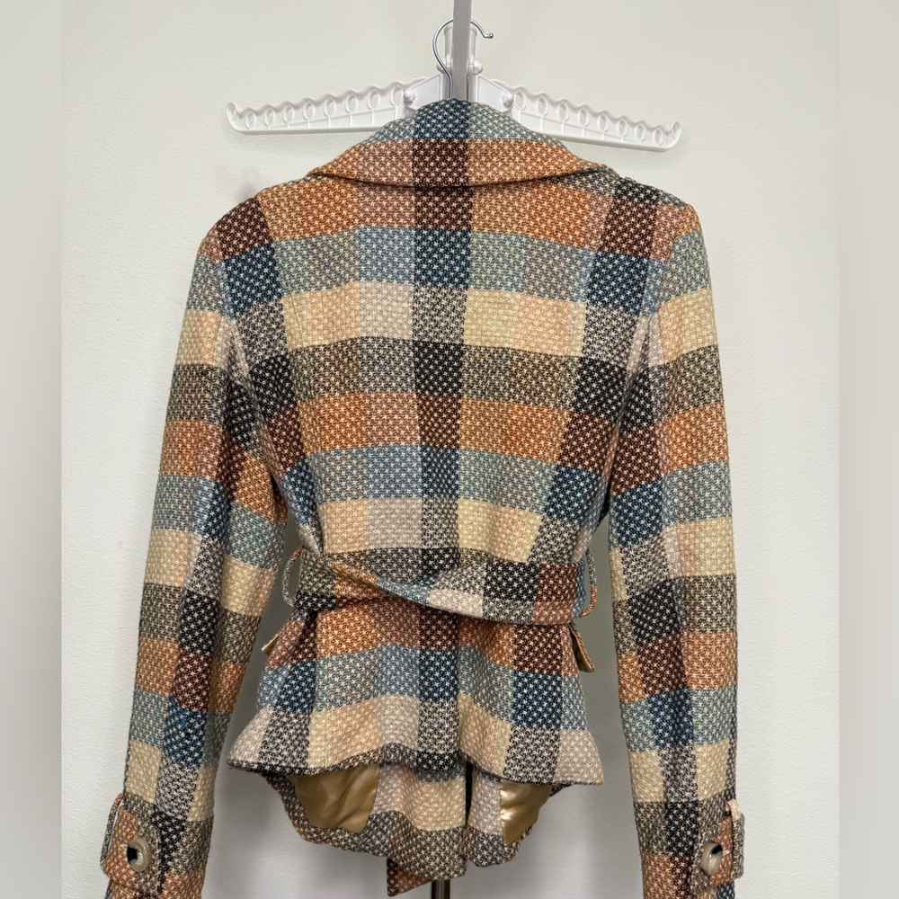CoffeeShop NYC Plaid Belted Coat Wool Blend Tweed Academia Jacket L - Picture 5 of 5